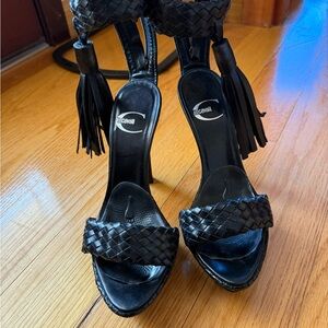 VINTAGE Roberto Cavalli Black Woven Leather Heels with Tassels